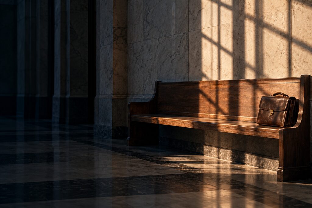 Una panca di legno vuota nel corridoio di marmo di un tribunale, con una borsa da avvocato nella luce di una grande finestra